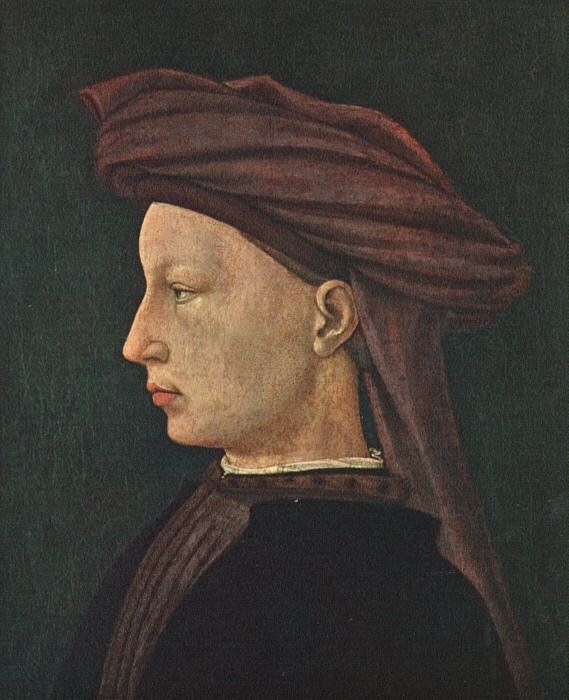 Masaccio, Ritratto di giovane uomo, 1425. L'opera mostra uno splendido esempio di oundal, il cappello di moda nel XV secolo
