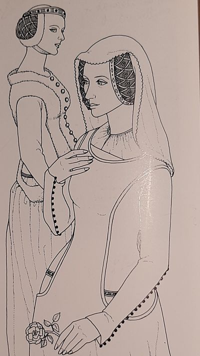 Moda femminile del XIV secolo: l'immagine illustra molto bene le caratteristiche dell'abito e dell'acconciatura dell'epoca.