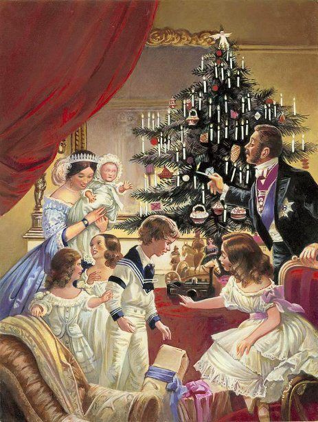 Natale in epoca vittoriana, la famiglia reale intenta a decorare l'albero di natale